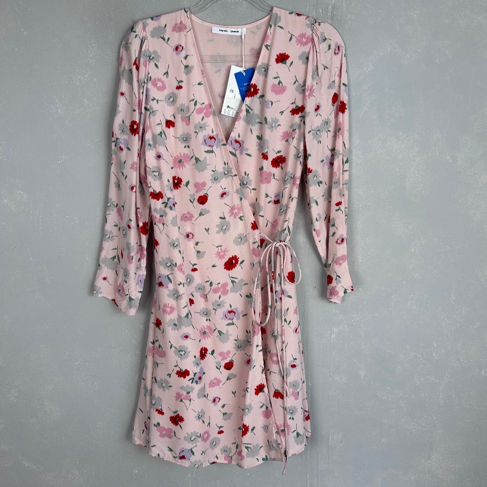 Samsoe Samsoe size L Britt wrap dress baby pink floral short 3/4 sleeve NEW